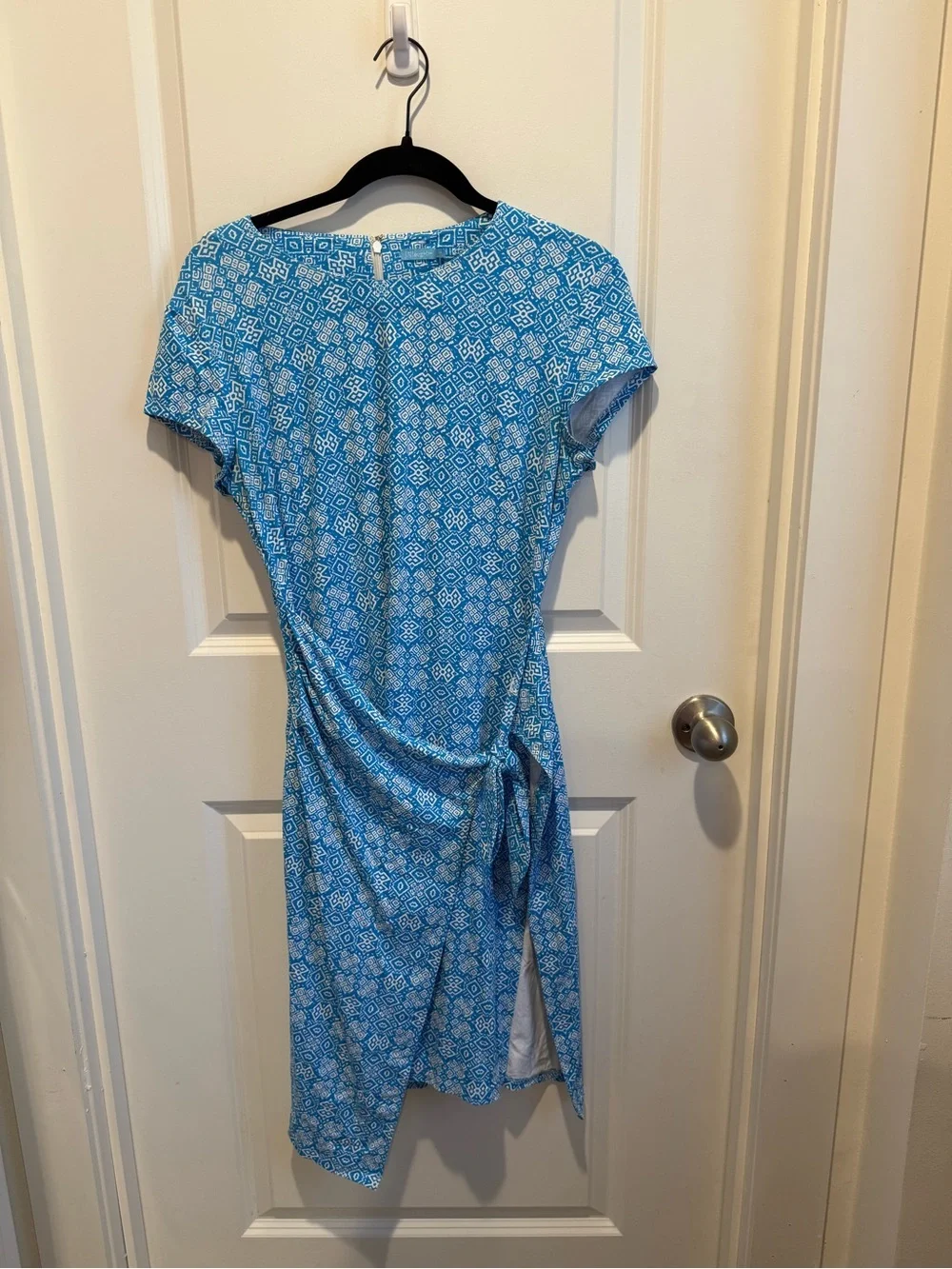 J.McLaughlin Blue Geo Print Side Tie Short Sleeve Dress Size Medium